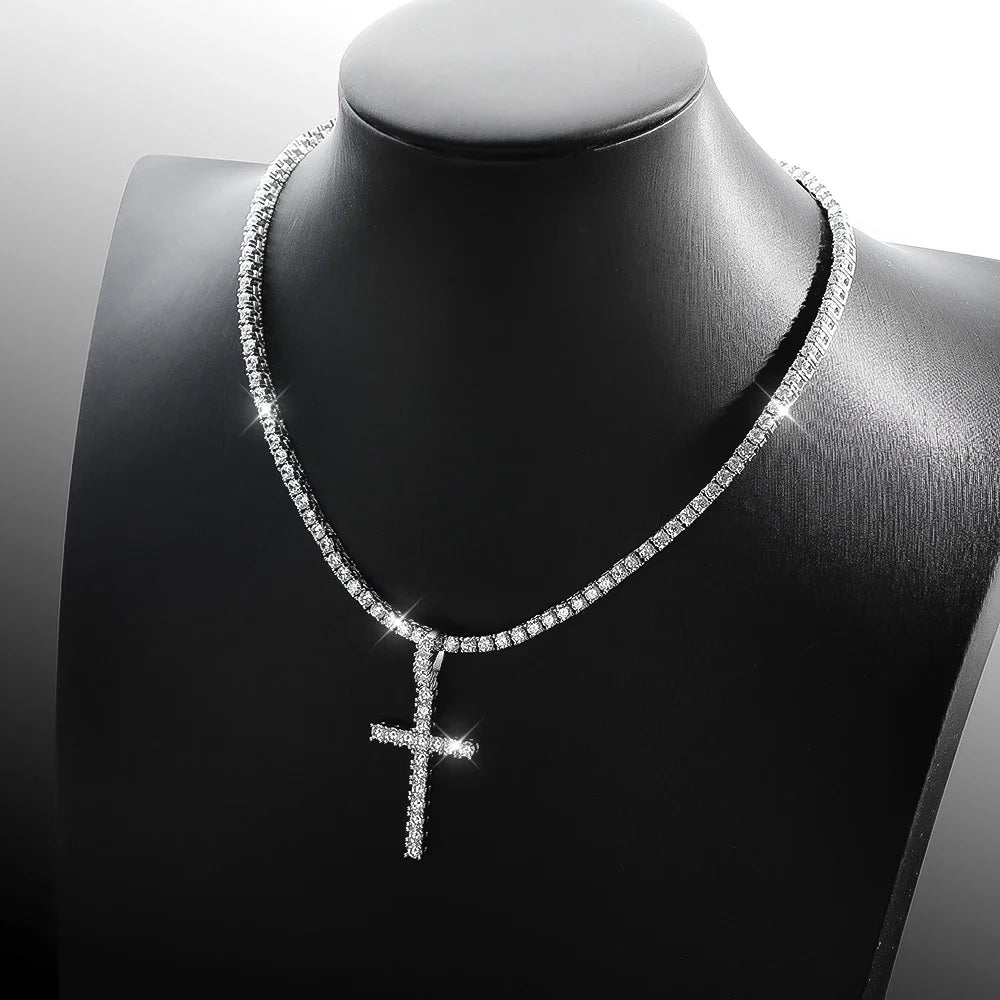 Luxury Moissanite Tennis Necklace with Cross Pendant.