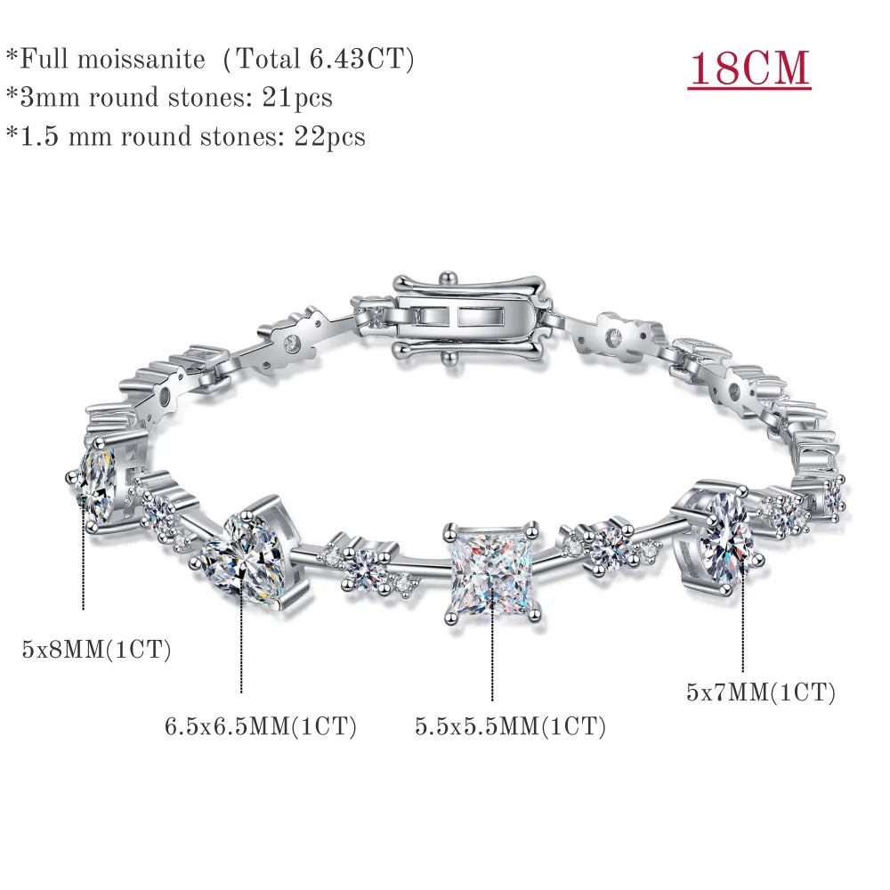 Elegant Multi-shaped Stones Moissanite Bracelets. Total 6.43 Carat. D VVS1.