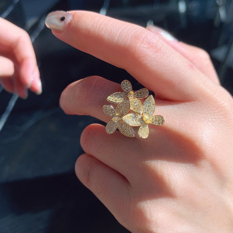 Elegant Yellow Natural Diamond Rings. Flower Shape Rings.