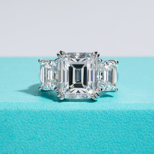Luxury Engagement Rings. Emerald Cut. 12.0 Carat Genuine Moissanite. 3 Stones Rings.