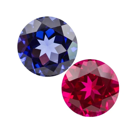 Lab-Grown Ruby, Sapphire Gemstones. Vivid Red And Vivid Blue. Round Cut.