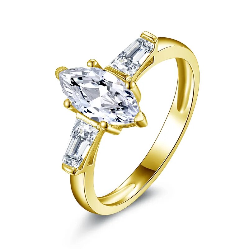 Marquise-Cut. Gold Moissanite Three-Stone Engagement Rings. 1.0 Carat. D VVS1.