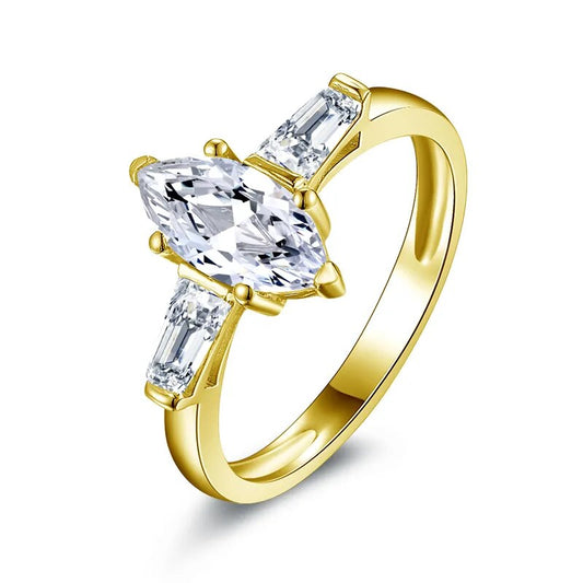 Marquise-Cut. Gold Moissanite Three-Stone Engagement Rings. 1.0 Carat. D VVS1.
