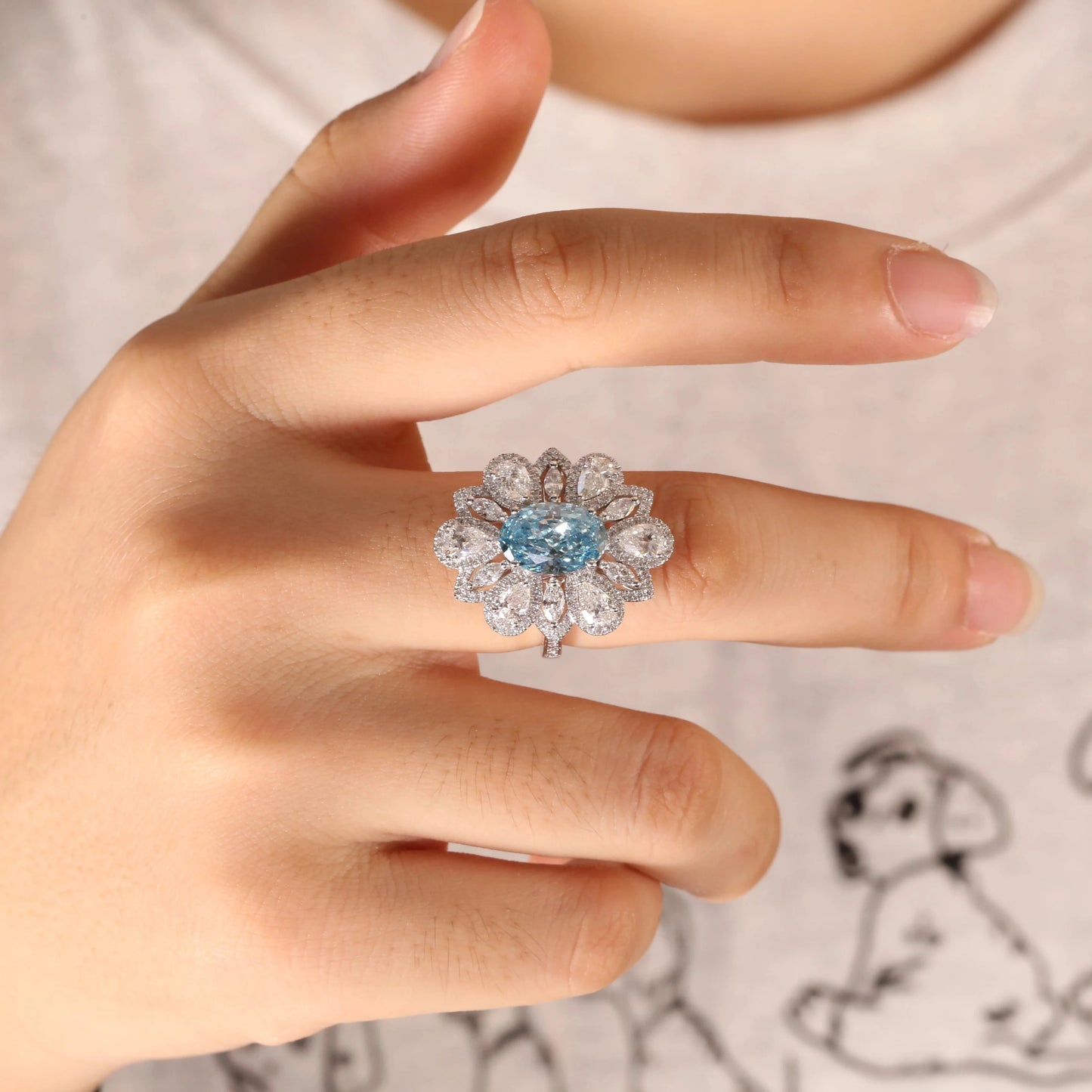 Luxury Diamond Rings - Flower Shape - 3.20ct - Blue Lab-Grown Diamond