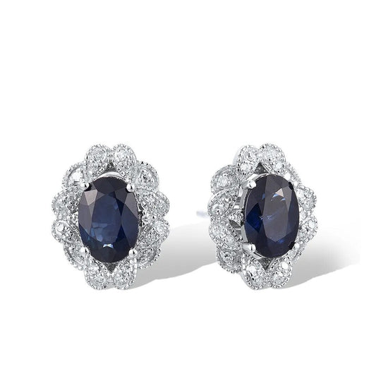 Luxury Blue Sapphire and Diamonds Earrings. 14K White Gold.