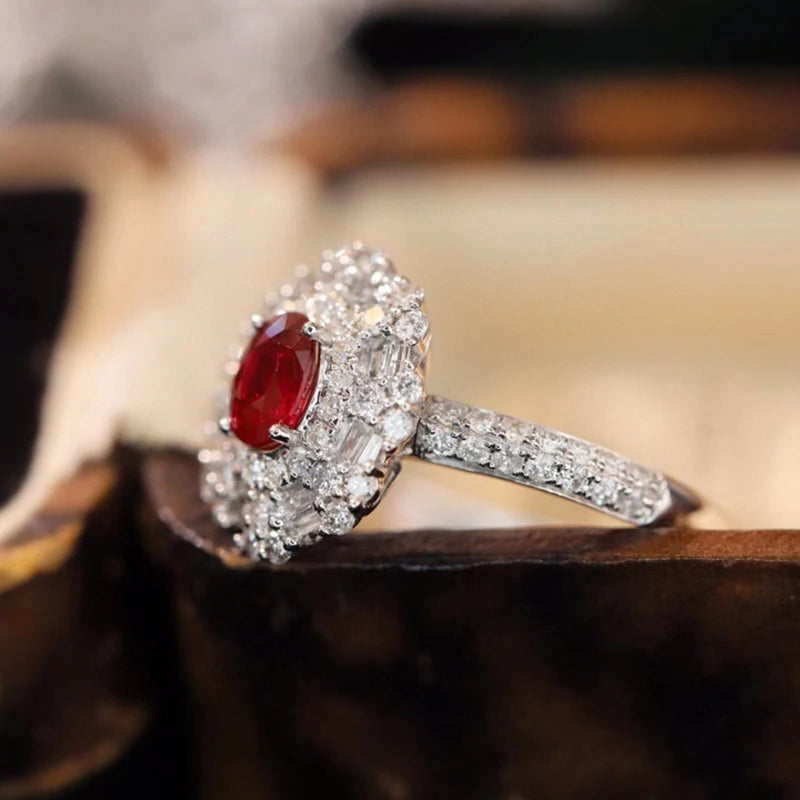 18K Solid White Gold Ring – Natural Ruby & Real Diamonds.