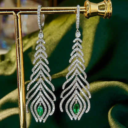 Luxury Natural Emerald and Diamond Earrings. 18K White Gold.