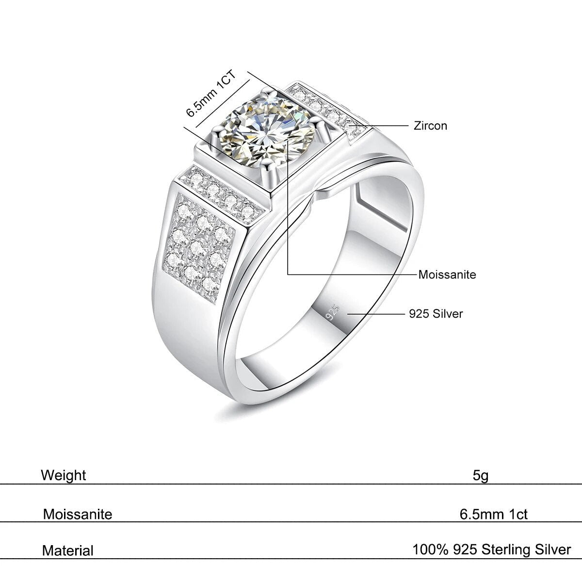 Men Luxury Moissanite Rings. 1.0 Carat D VVS1.