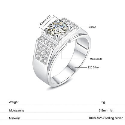 Men Luxury Moissanite Rings. 1.0 Carat D VVS1.