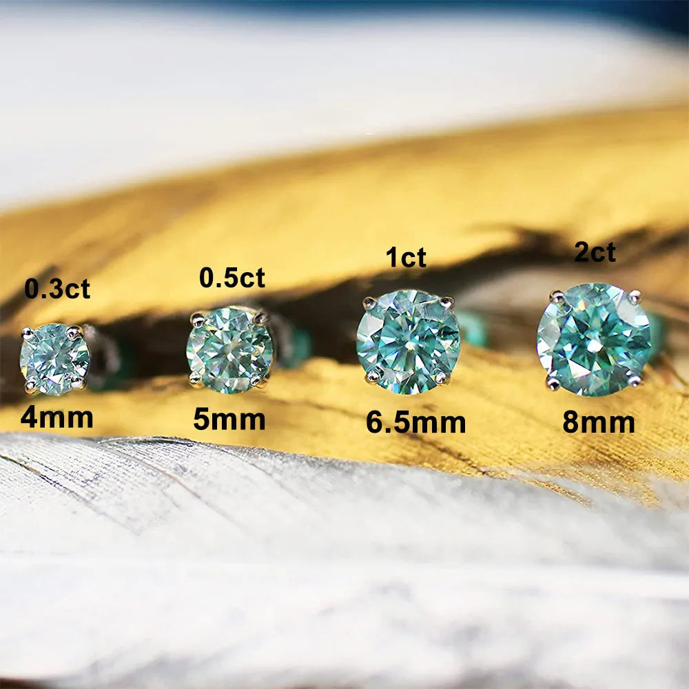 Moissanite Stud Earrings. 0.30 to 2 Carat. Blue Green Genuine Moissanite Diamond.