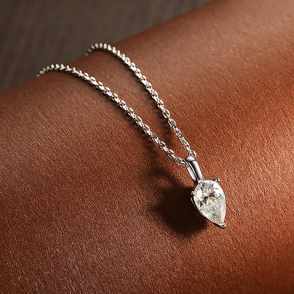 Elegant Moissanite Pendant Necklace. Pear Shape. 1.0 Carat. D VVS1.