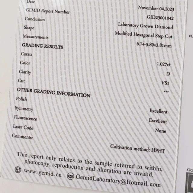 Hexagonal Diamond 1.0 Carat D VS1. Lab-Grown Gemstones