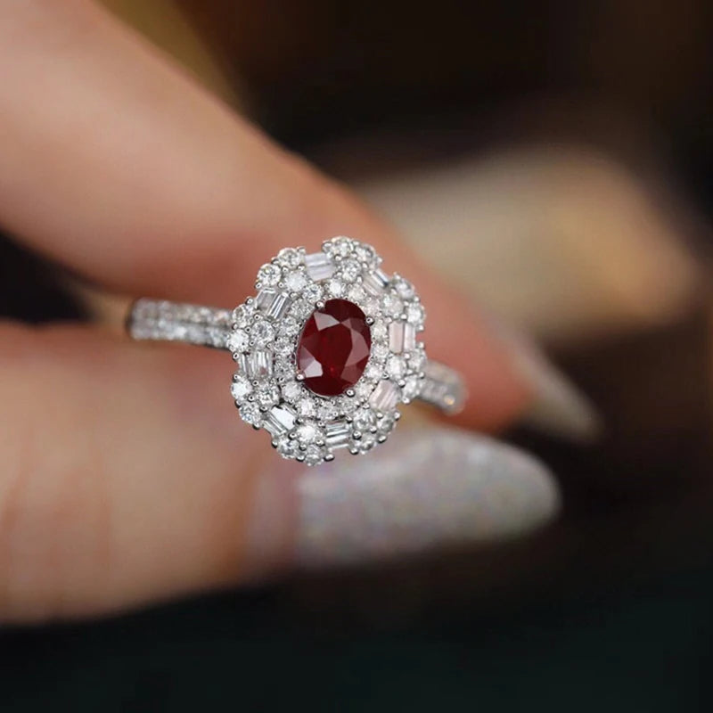 18K Solid White Gold Ring – Natural Ruby & Real Diamonds.