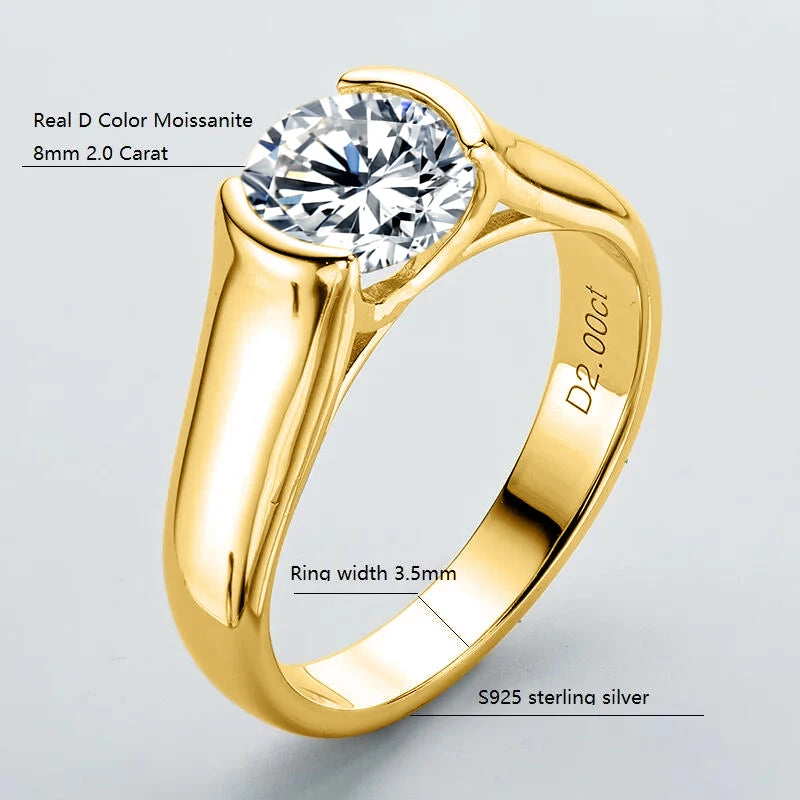 Moissanite Engagement Rings. 2.0 Carat. 18K Gold Plated Silver.