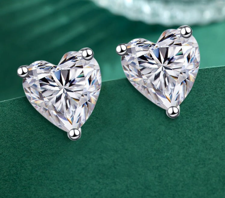 Heart Shape. Moissanite Stud Earrings. 2.0 Carat. D VVS1. 18K Gold Plated Silver.