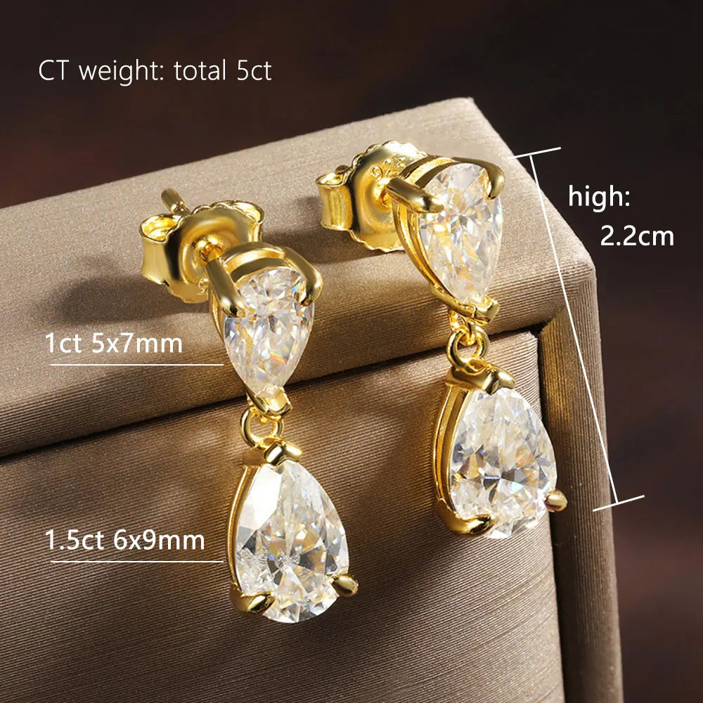 5.0 Carat Elegant Moissanite Drop Earrings - 18K Gold Plated Silver.
