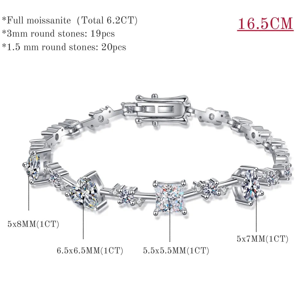 Bracelets moissanite élégants avec pierres multi-formes. Total 6,43 carats. D VVS1.