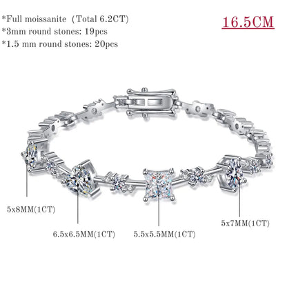 Bracelets moissanite élégants avec pierres multi-formes. Total 6,43 carats. D VVS1.