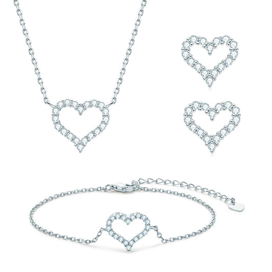 Heart Shape Jewelry Set. Moissanite Stud Earrings, Necklace, and Bracelet.