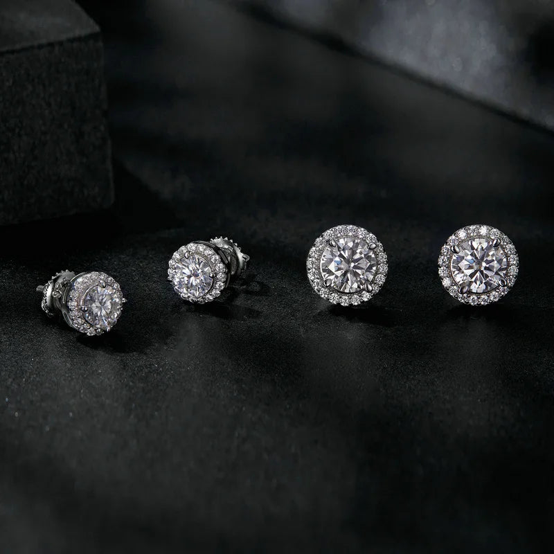 Moissanite Halo Earrings. Platinum-Plated Silver. 1.0 - 2.0 Carat.