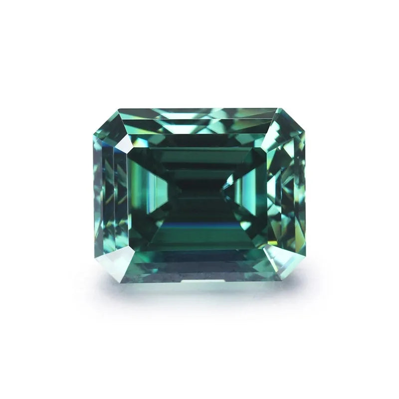 Emerald Cut Moissanite Gemstone. Green Emerald Color.