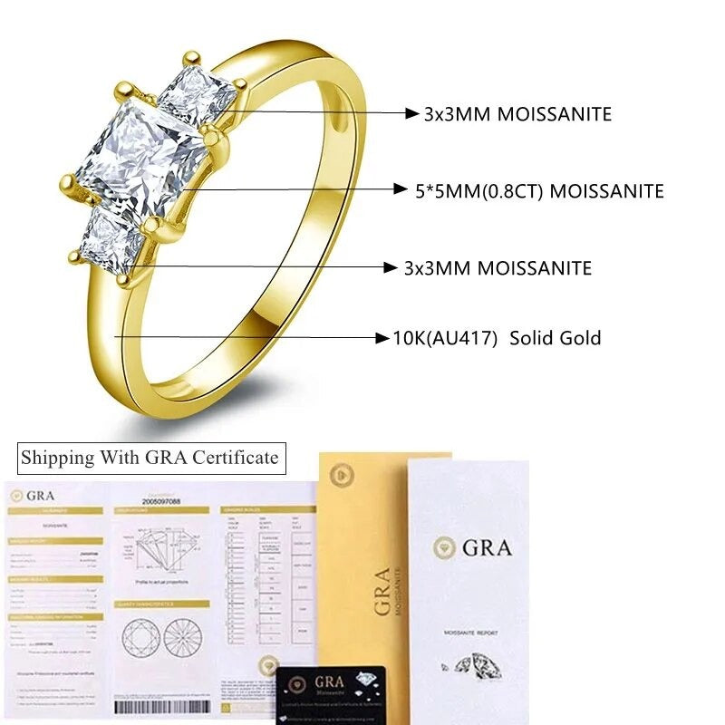 Luxury Gold Engagement Rings. Princess Cut. Genuine Moissanite.