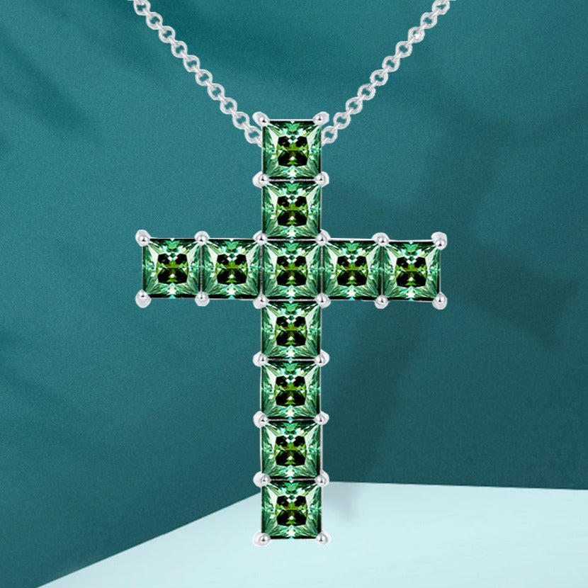 Cross Pendant Necklace. Green, Champagne, and Black Color Moissanite. Princess cut gemstones.