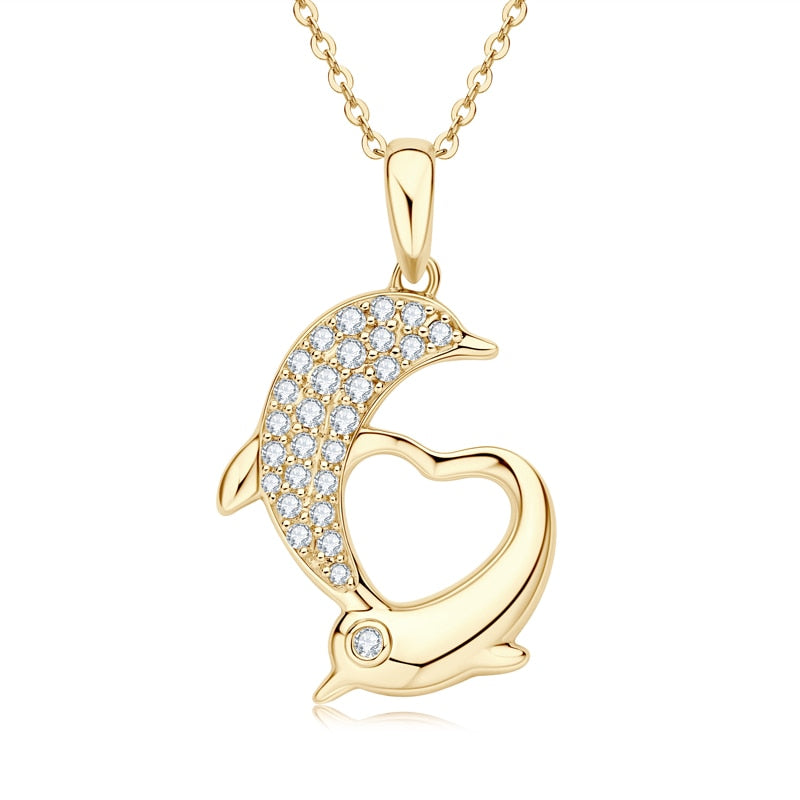 Dolphin-shaped Pendant Necklaces. Moissanite Gemstones D VVS1. 10K Gold.