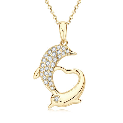 Dolphin-shaped Pendant Necklaces. Moissanite Gemstones D VVS1. 10K Gold.