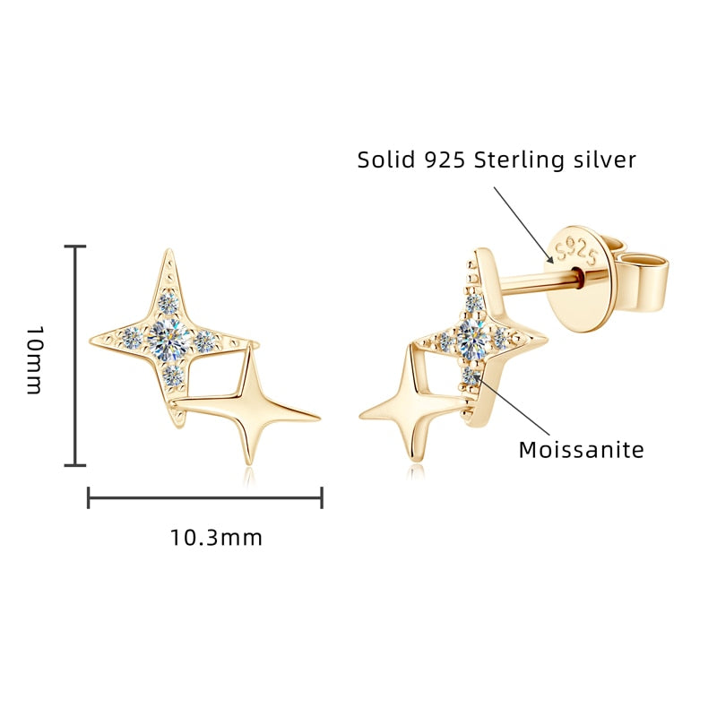 Star Shape. Elegant Moissanite Stud Earrings.