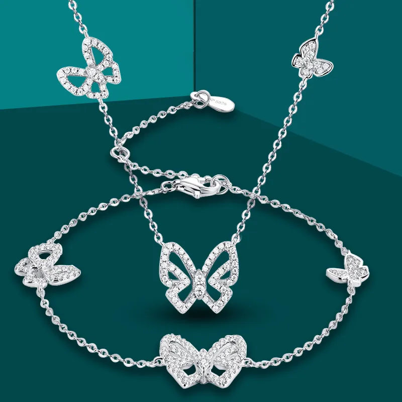 Moissanite Diamond Jewelry Set. Necklace Bracelet. Platinum-Plated Silver.