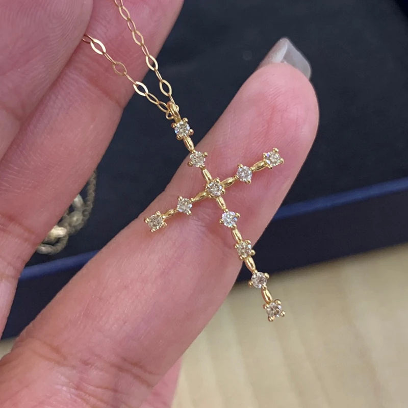 Diamond Cross Pendant Necklaces. 18K Yellow Gold. Natural Diamond.