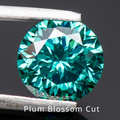 Moissanite Gems. Plum Blossom Cut. Round Shape. Emerald Green Color.