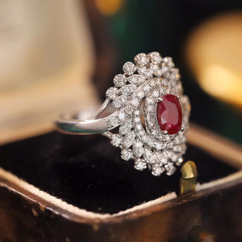 18K White Gold Ring with Natural Ruby & Real Diamonds.