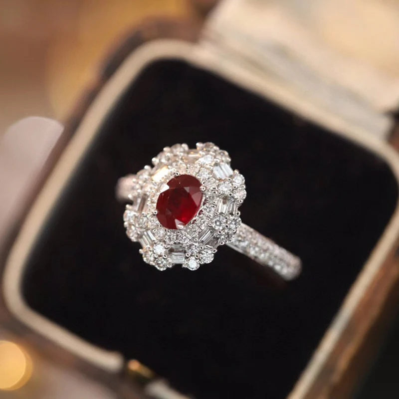 18K Solid White Gold Ring – Natural Ruby & Real Diamonds.