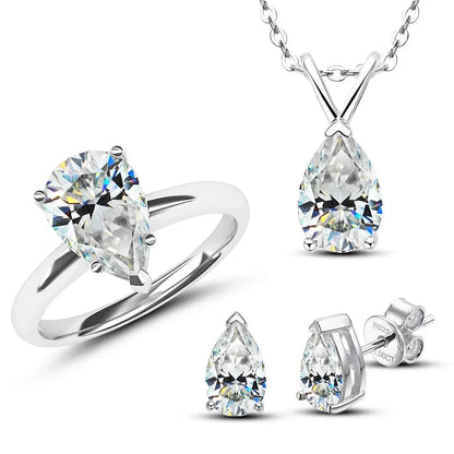 Pear Shape Moissanite Jewelry Set. Pendant Necklace, Earrings, Ring.