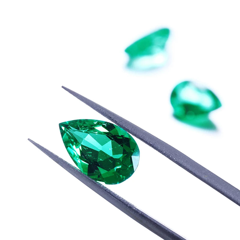 Green Colombian Emerald Gemstone. Pears Shaped. Lab-Grown Emerald.