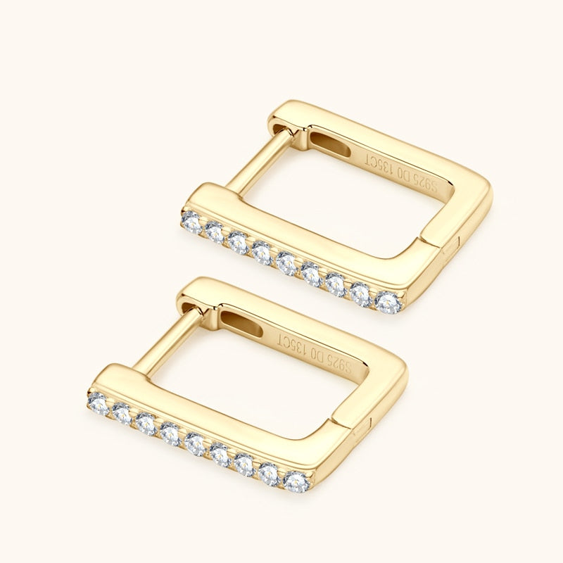 Square Shaped Moissanite Earrings. 18K Gold Plated Silver