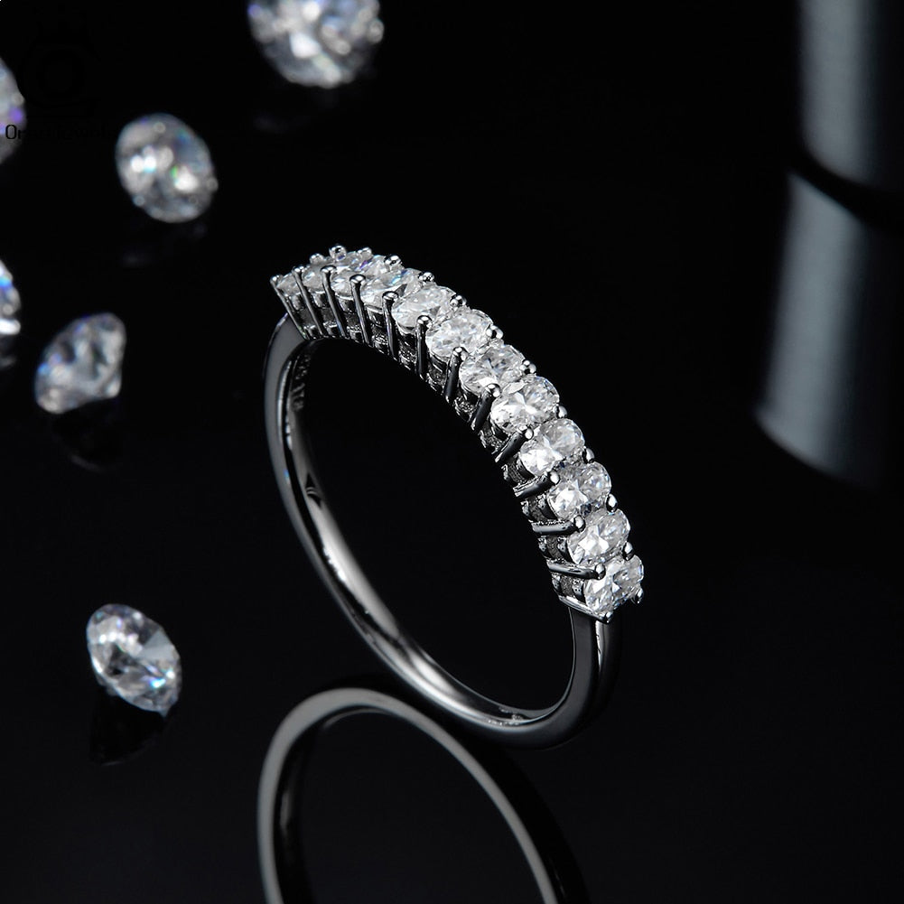 Oval Cut. Moissanite Half Eternity Rings. 18K White Gold Plated Silver.