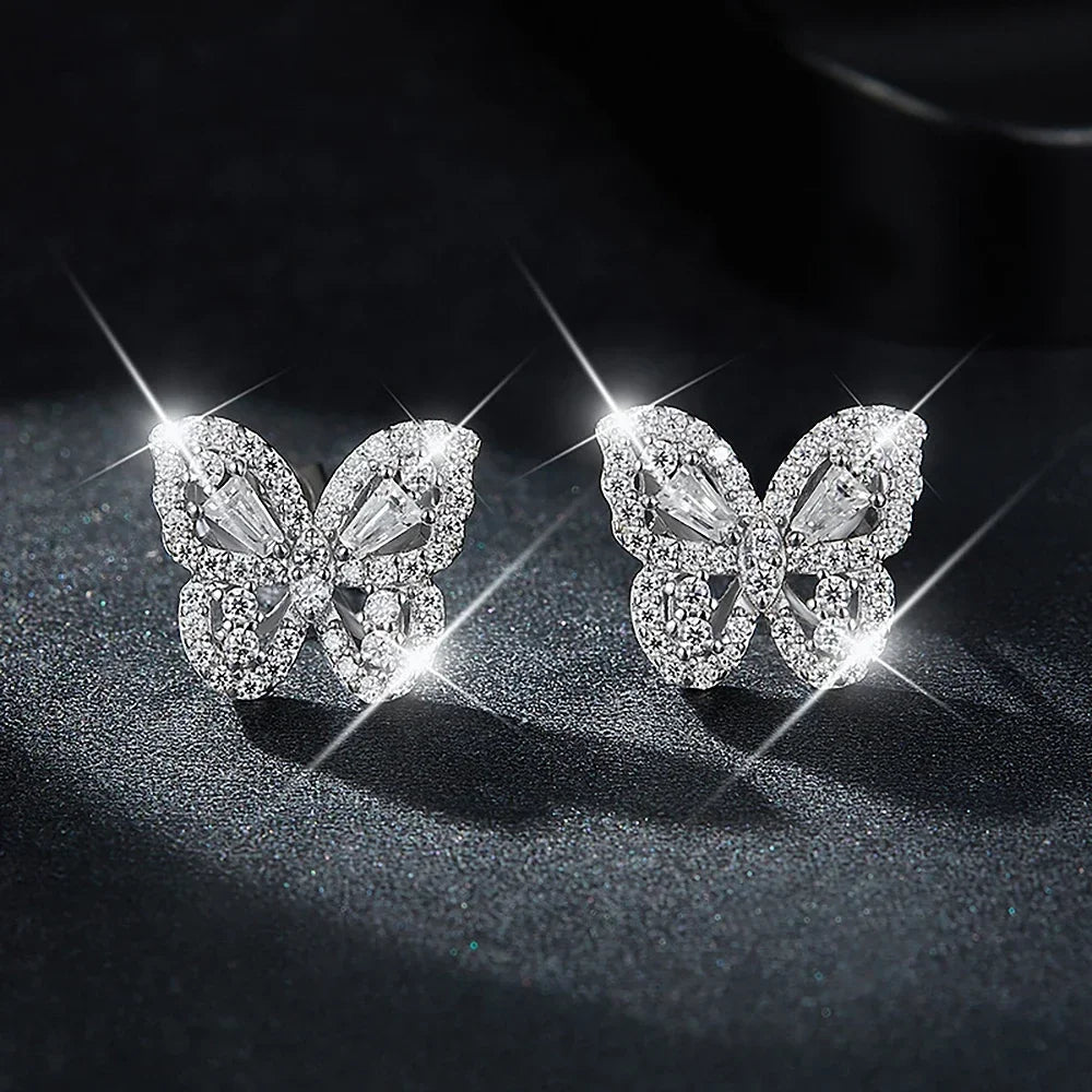 Butterfly Earrings. Moissanite Diamond Earrings. Platinum-Plated Silver.