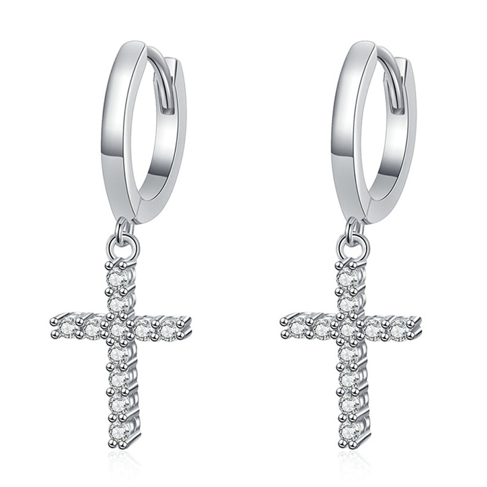 Cross-Shaped Genuine Moissanite Earrings. 18K White Gold Plated Silver.