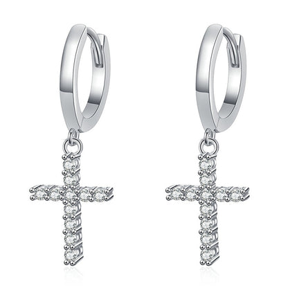 Cross-Shaped Genuine Moissanite Earrings. 18K White Gold Plated Silver.