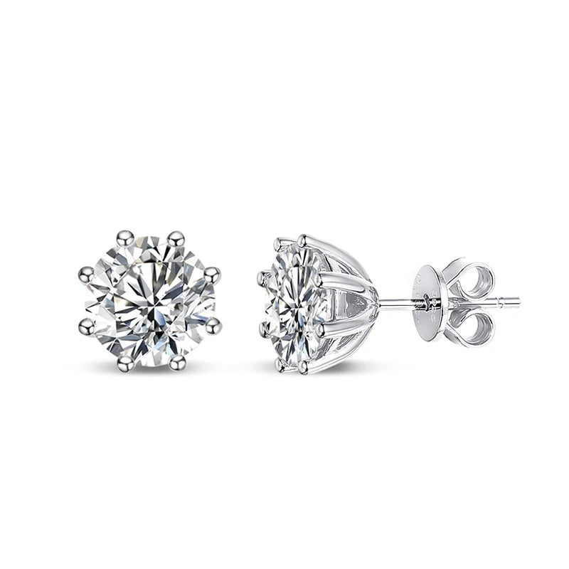 Moissanite Earrings. Round Cut 2.0+2.0 Carat. D VVS1. Platinum-Plated Silver.