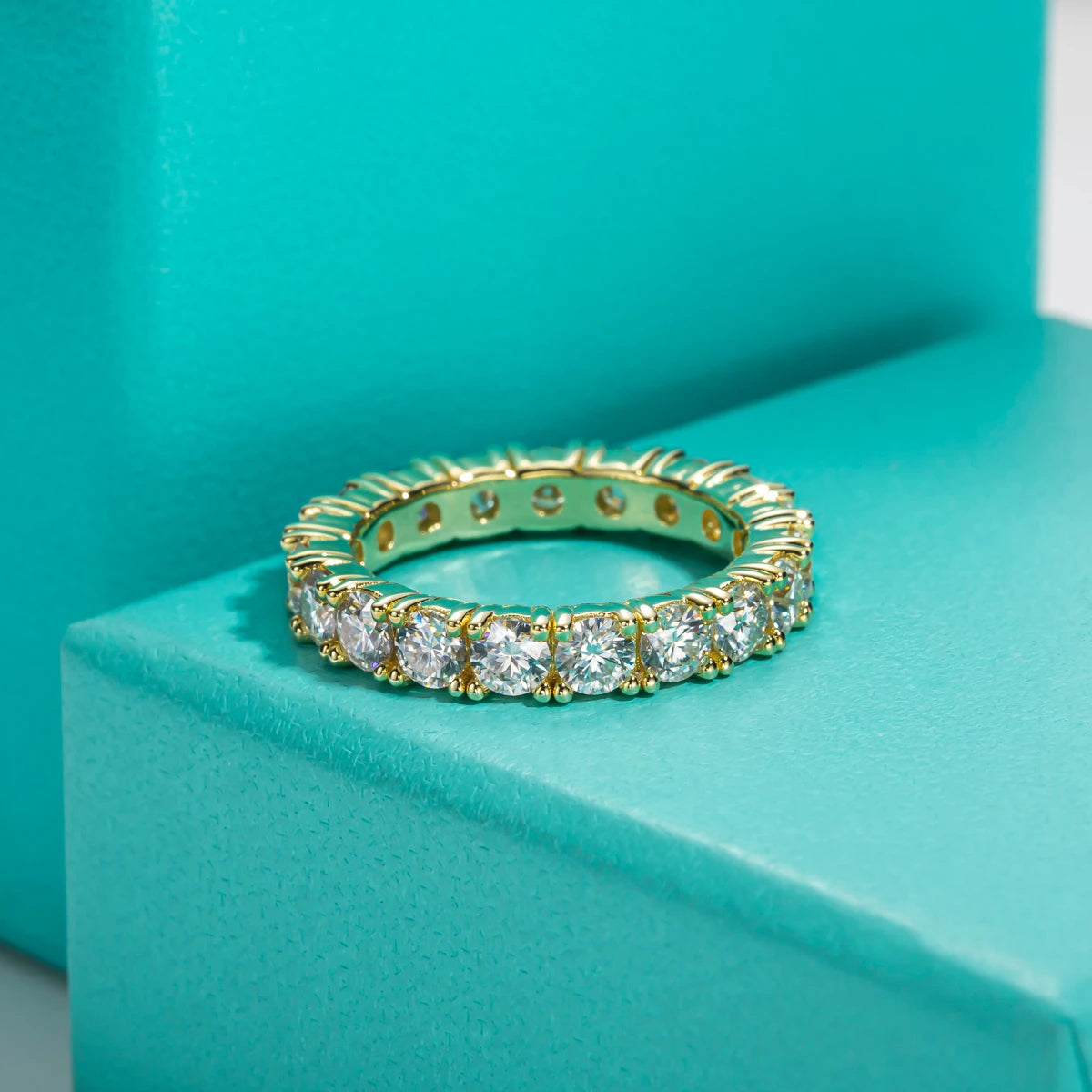 Moissanite Eternity Band Ring 3.5mm 14K Yellow Gold Plated Silver