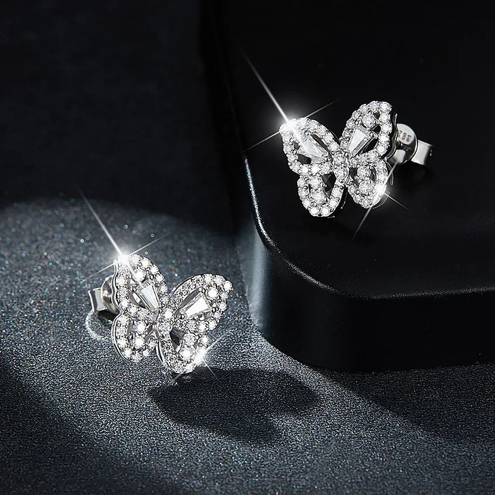 Butterfly Earrings. Moissanite Diamond Earrings. Platinum-Plated Silver.