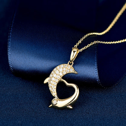 Dolphin-shaped Pendant Necklaces. Moissanite Gemstones D VVS1. 10K Gold.