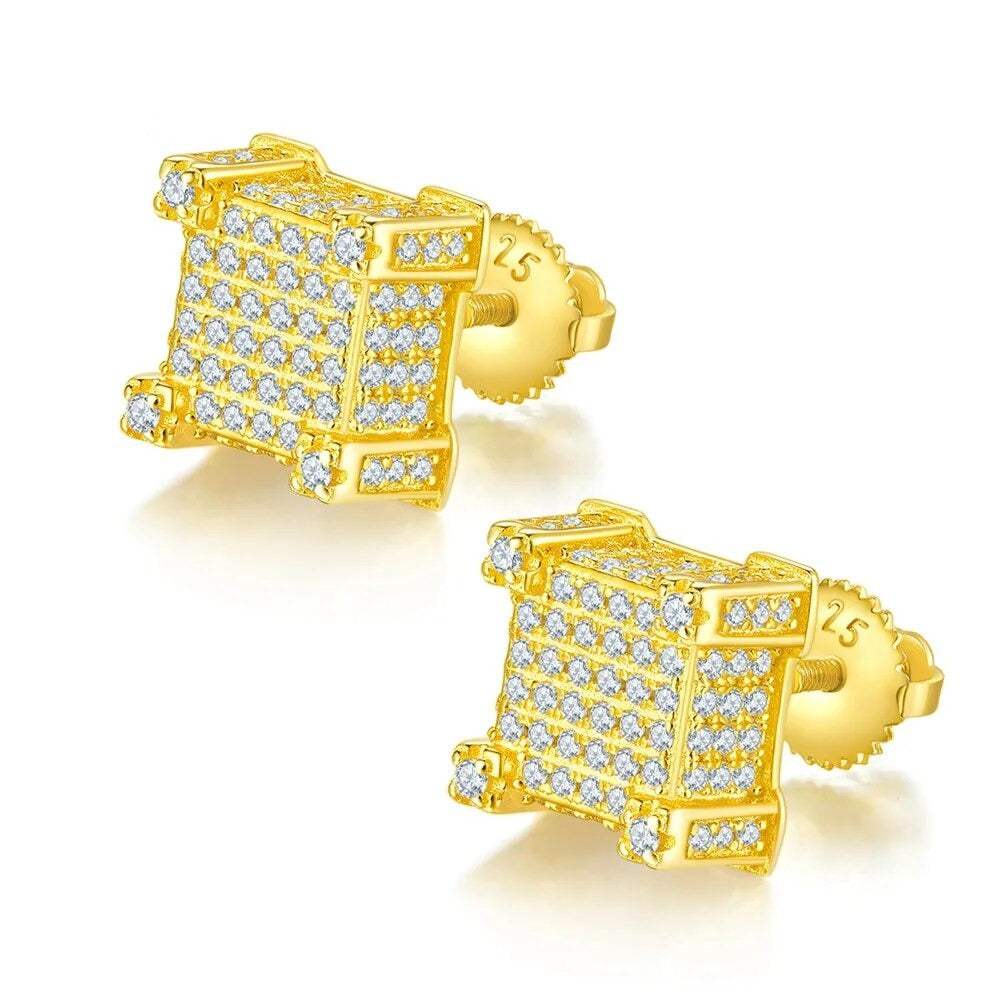 Luxury Iced Out Moissanite Earrings. 18K Gold Plated Silver.