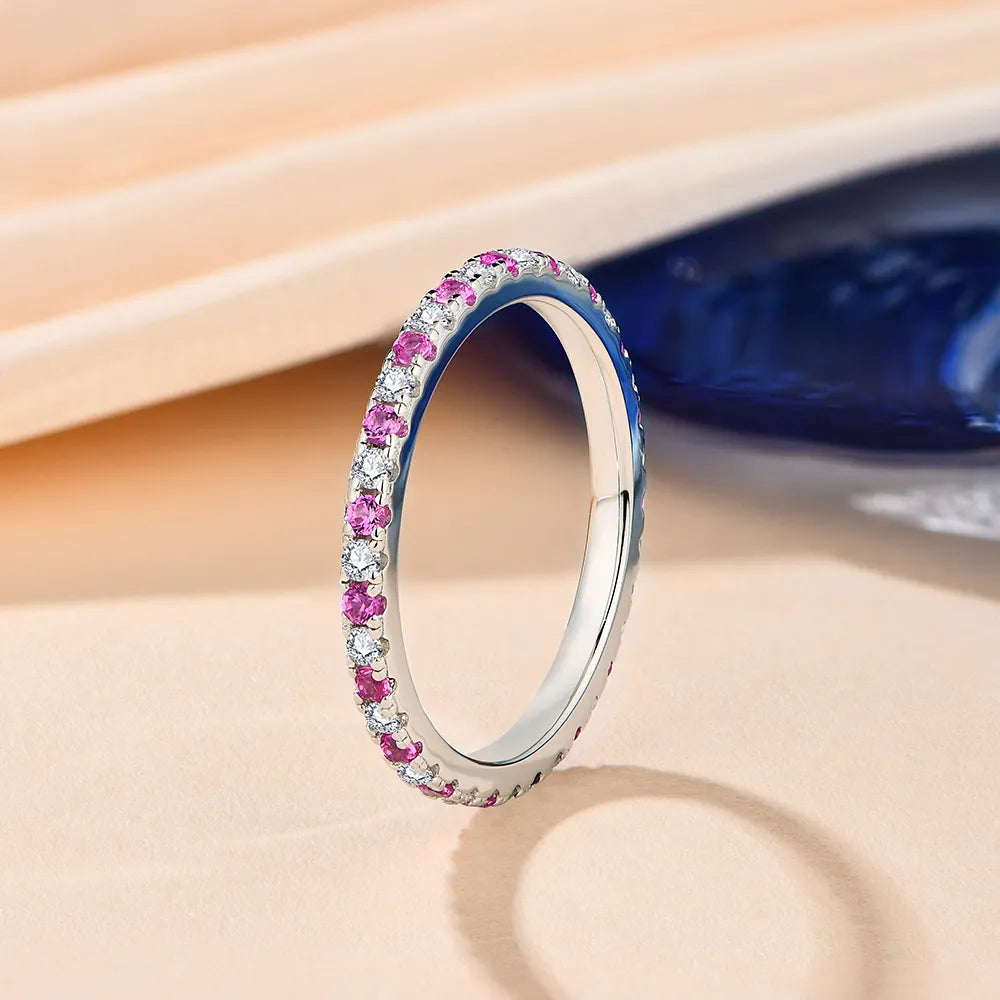 Luxury Moissanite Eternity Rings With Pink and Blue Sapphire.