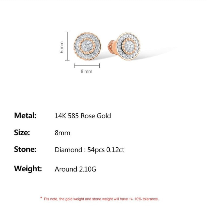 Natural Diamond Stud Earrings. Round Shape. 14K Rose Gold.