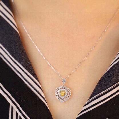 Heart Necklace with Yellow & White Diamonds. 18K White Gold.